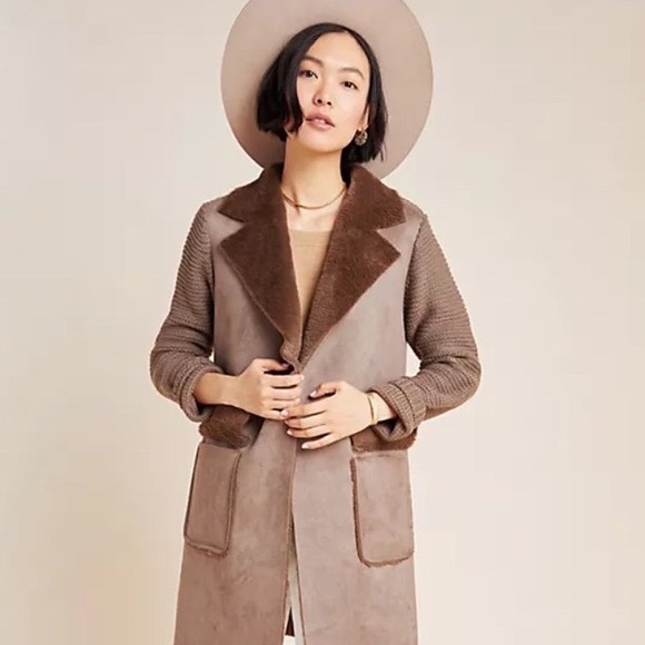 Anthropologie Jackets & Blazers - Anthropologie Faux Suede Knit Mixed Media Shearling Trim Coat Jacket XS‎